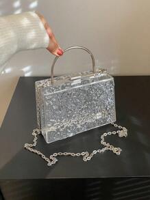 極簡鏈條裝飾透明水波紋硬殼金屬手提包，沙灘必備，適用於夏季女包，旅行、渡假、度假及沙灘完美伴侶，防水、防沙透明包，適用於沙灘運動、野餐零食女士透明手提包