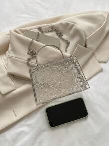 極簡鏈條裝飾透明水波紋硬殼金屬手提包，沙灘必備，適用於夏季女包，旅行、渡假、度假及沙灘完美伴侶，防水、防沙透明包，適用於沙灘運動、野餐零食女士透明手提包