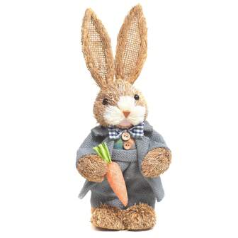 1 Stehende Osterhasenfiguren, Lustiger Sisal-osterhase Mit Karotte Und Grauer Windjacke Für Party- Und Hausgartendekoration, Tolle Geschenke
