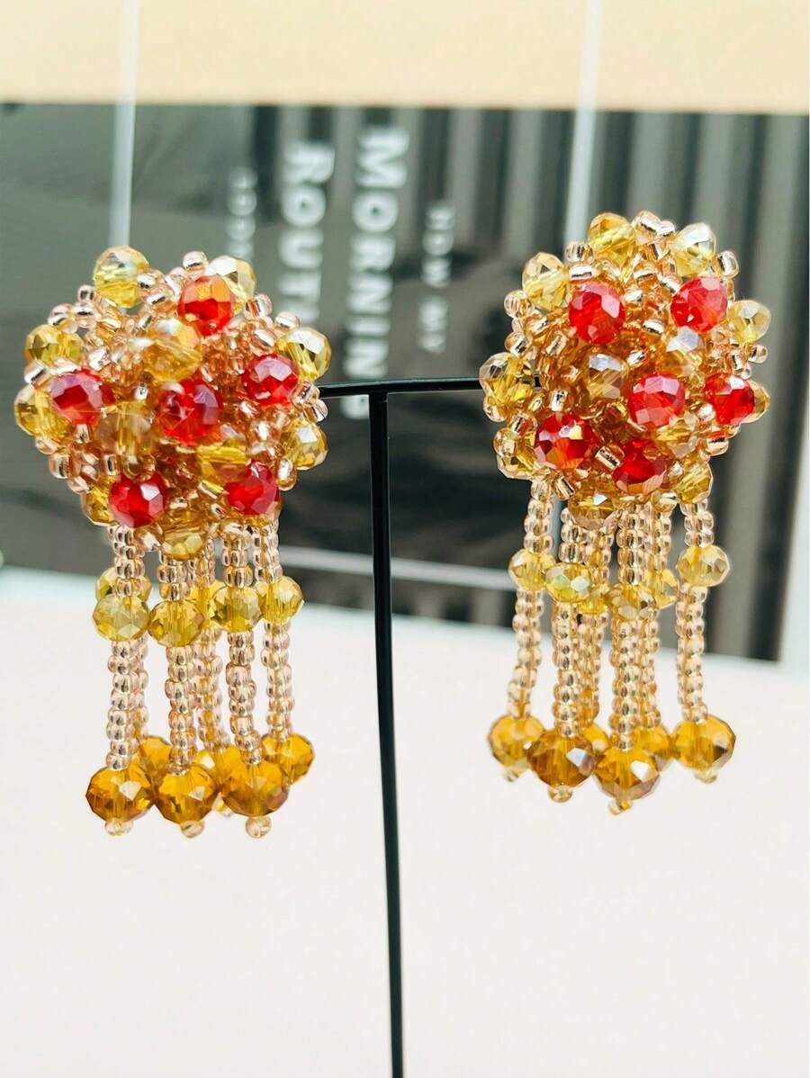 1對手工製作女士耳環,採用玻璃珍珠和水晶珠裝飾 - 彩色 - 查看 1