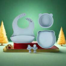 5pcs/Set Silicone Baby Feeding Set - Led Weaning Item For Infant, Including Toddler Bib, Baby Plate, And Bowl Kit - Gray Blue - View 2