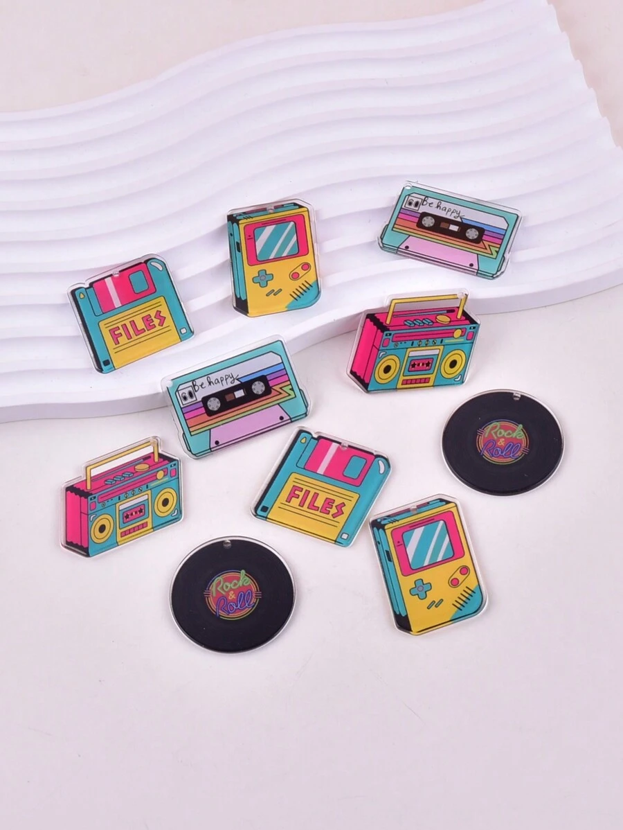 10pcs/Pack Fashionable Magnetic Tape & Disc Acrylic Pendant, Suitable For Women DIY Jewelry Making - Multicolor - View 1