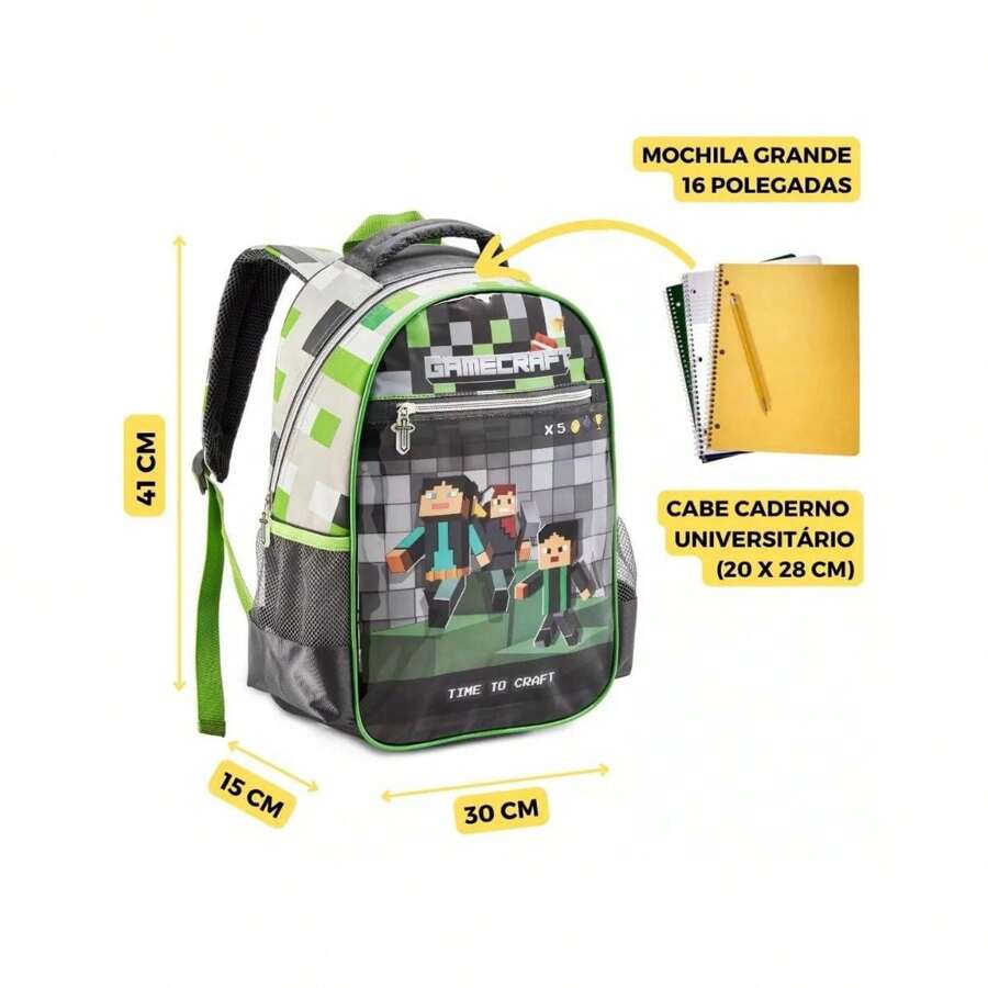Mochila Game Crafit Costas Infantil Grande Escolar Menino Cor Cinza Desenho do tecido gamecraft - Multicolorido - Visão 1