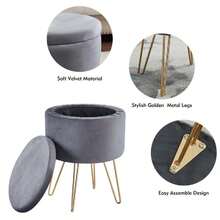 Round Velvet Footrest Stool Ottoman, Upholstered Vanity Chair Pouffe With Storage Function Seat/Tray Top Coffee Table Seat Dressing Chair With Golden Metal Leg Grey - 灰色 - 查看 4