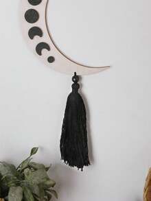 1 件木制月相墙饰 - 带流苏的天然木质新月挂饰，简约家居装饰，波西米亚风壁挂，非常适合托儿所或瑜伽空间 - 黑色 - 查看 4