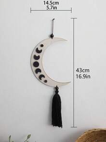 1 件木制月相墙饰 - 带流苏的天然木质新月挂饰，简约家居装饰，波西米亚风壁挂，非常适合托儿所或瑜伽空间 - 黑色 - 查看 3