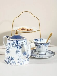 1pc Light Luxury Ceramic Kettle, Petal Blue And White Porcelain Teapot, Suitable For Home, Teahouse Cold Water Bottle, Flower Pot, Tea Pot - Blue and White - View 2