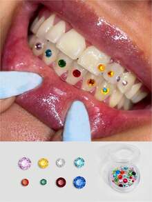 50pcs/Box Y2k Style Colorful Randomly Mixed Sizes Round Tooth Gem Teeth Jewelry, Suitable For Teeth, Face And Nail Decoration, Random Mix - Multicolor - View 2