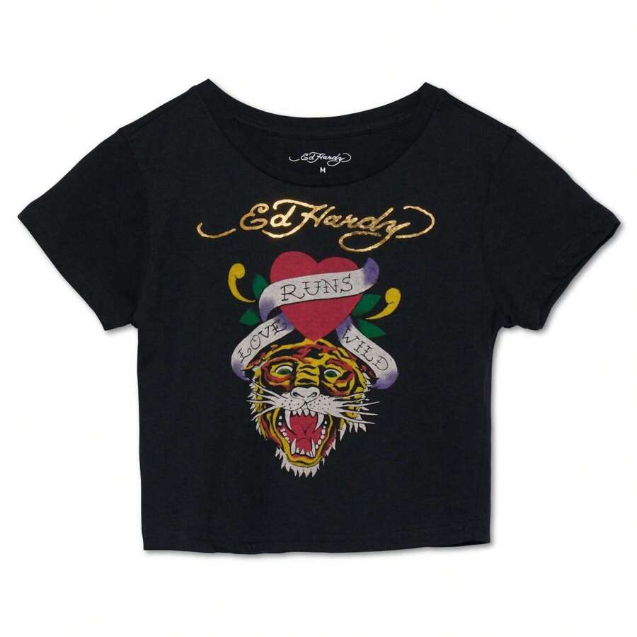 Ed Hardy Tiger Heart Baby Tee In Black - Black - View 1