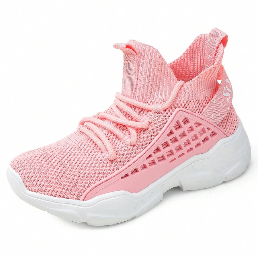 Kids High Top Trainers Boys Fashion Sports Shoes Grils Lightweight Breathable Footwear Comfortable Childrens Casual Sneakers - 粉色 - 查看 1