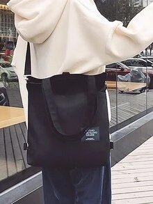 1個黑白色便攜式韓國時尚帆布手提袋校園肩袋化妝袋大容量拉鍊收納袋購物袋 - 黑色 - 查看 3