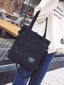 1個黑白色便攜式韓國時尚帆布手提袋校園肩袋化妝袋大容量拉鍊收納袋購物袋 - 黑色 - 查看 5