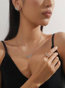 1set Black Rhinestone Wings Necklace, Angel Wings Earrings Jewelry Set For Women - 1 Pair Earrings, 1 Necklace - Black Butterfly Necklace Set - View 4