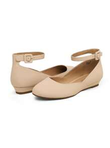 Women's Flats Round Toe V-Shaped Mouth Comfort Daily Casual Commut Low Wedge Ankle Strap Adjustable Buckle Flats Shoes For Valentine's Day - 杏色 - 查看 7