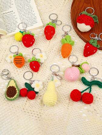 1 件可爱针织水果钥匙扣，适合女士，创意针织草莓樱桃车钥匙扣，编织牛油果钥匙圈，包包配件（请注意：不同批次的金属扣颜色可能不同，可能是金色，可能是银色。）钩针学校用品教师礼物返校教师配件钩针配件返校用品