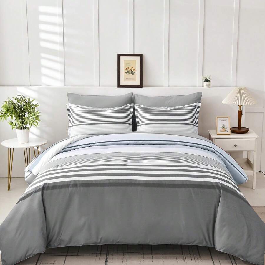 Fondream Grey Stripe Duvet Cover Double Reversible Bedding Set Soft Microfiber Bedding Cover With Pillow Cases (Double Size,3Pcs) - Grey Stripe - View 1