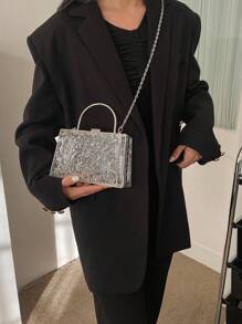 極簡鏈條裝飾透明水波紋硬殼金屬手提包，沙灘必備，適用於夏季女包，旅行、渡假、度假及沙灘完美伴侶，防水、防沙透明包，適用於沙灘運動、野餐零食女士透明手提包