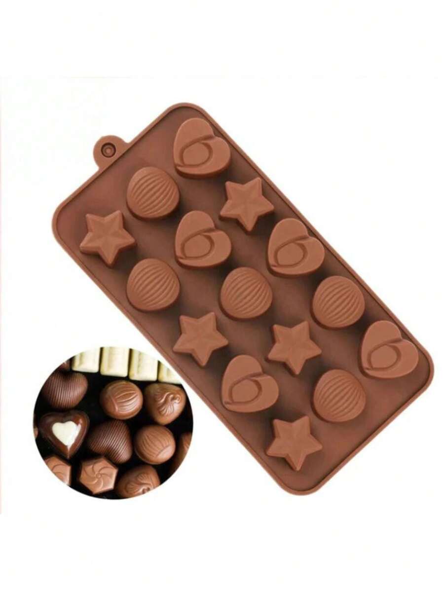 Silicone Chocolate Mold: Heart, Star And Semicircle With Stripes 15 Cavities 21x11 Cm