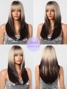 26 Inch Black & Gold Synthetic Wig, Suitable For Cosplay, Long Straight Hair With Bangs, Layered, Heat Resistant