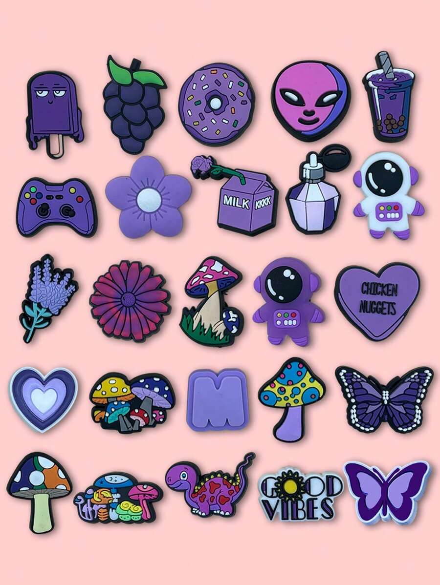 12-18-25  PCS Cute Purple Mix Series Theme Pattern Cute Shoe Charm Suitable For Crocodile Charm DIY Decorative , Pen Cases, Bags, Phone Case Accessories And Party Gifts