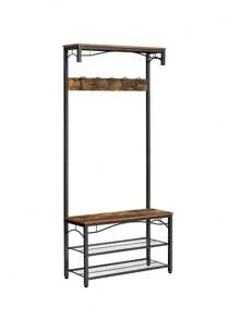 VASAGLE Portemanteau, Meuble d'entrée, avec Planche du Haut, étagère à Chaussures, Banc et 5 Crochets Doubles, Cadre en métal, 80 x 32 x 178,5 cm, Style Industriel - Marron - Voir 1