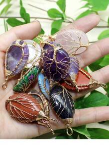 1PC Tree Of Life Crystals Necklace Pendant Water Drop Natural Stone Wire Wrap Rose Amethysts Quartz Crystal Tiger Eye Necklace Pendant