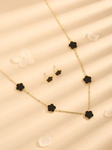 Bộ trang sức 3 món bằng thép không gỉ và xà cừ trắng hình hoa 5 cánh, gồm bông tai và dây chuyền, thích hợp làm quà tặng cho bạn gái/sinh viên. - Dây chuyền + bông tai hoa 5 lá - Xem 4