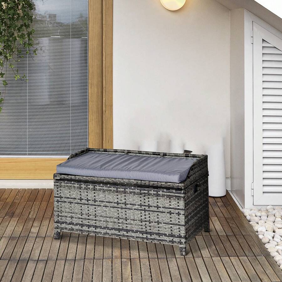 Outsunny PE Rattan Outdoor Storage Benches, Aluminium Garden Bench With Storage Underneath W/ Zippered Inner Lining, Rods For Deck, Patio - Grey - View 1