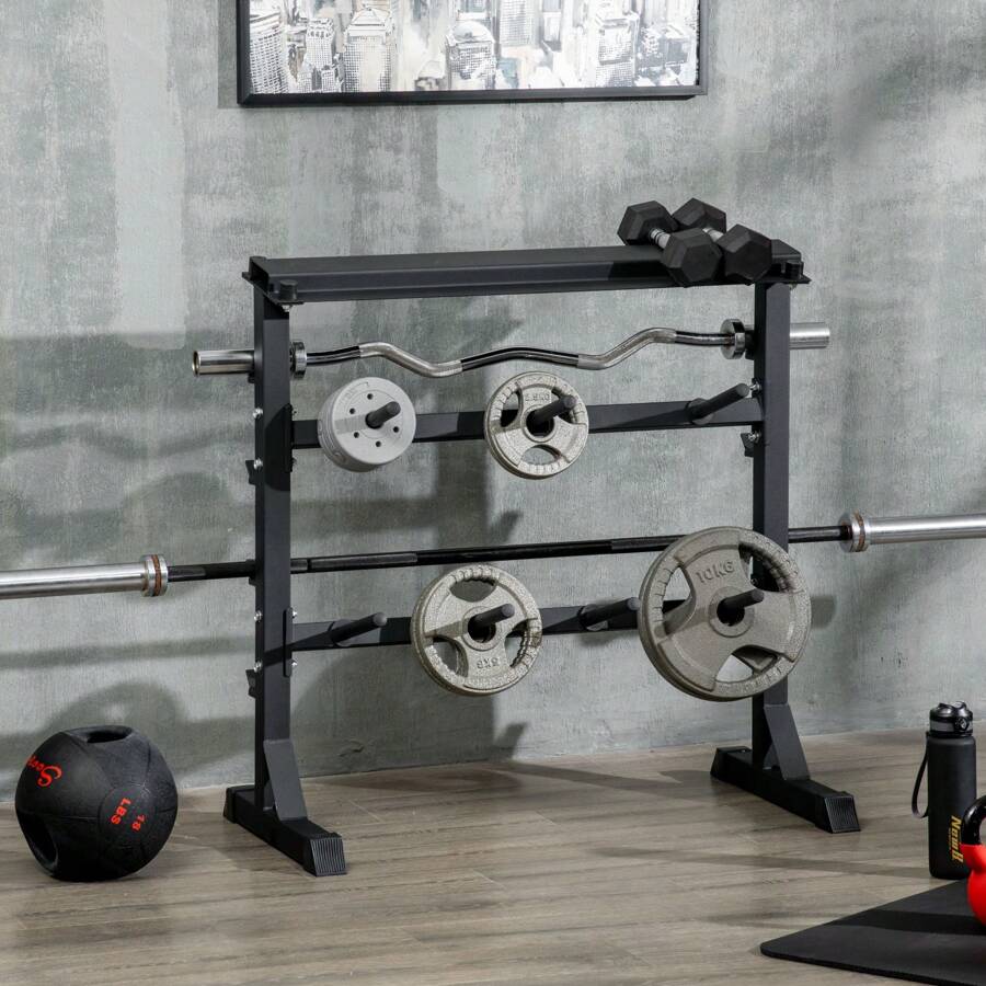 HOMCOM Estante para Mancuernas de 3 Niveles Soporte de Almacenamiento de Pesas y Discos para Fitness Gimnasio en Casa Carga Max. 300 kg 100x55x102 cm Negro - Negro - Ver 1