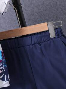 2pcs/Set Tween Boy Casual Leaf Ditsy Floral Turndown Collar Short Sleeve Shacket And Solid Color Shorts Set, Spring/Summer - Royal Blue - View 5