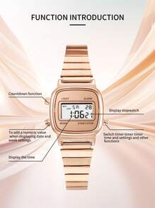 FANSICHEN 1 Pieza Reloj Electrónico Multifuncional Para Mujeres, Elegante Forma Cuadrada Con Correa De Acero Inoxidable Dorada Rosa, Función De Calendario, Ideal Para Uso Diario Y Regalo