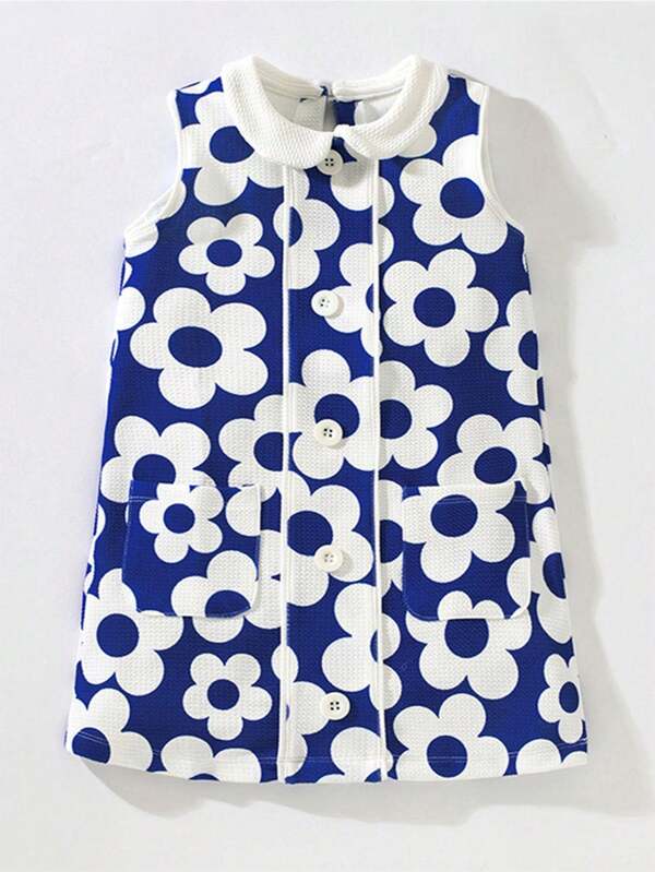 Vestido azul con cuello, sin mangas y estampado floral elegante para niñas, adecuado para vacaciones, fiestas de cumpleaños y fotografía de verano