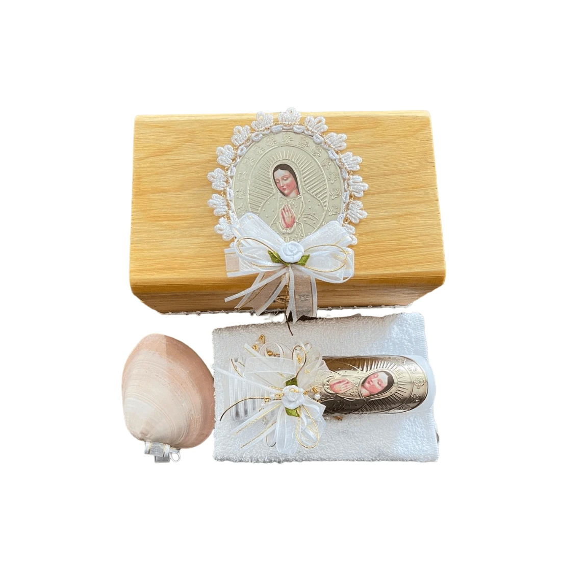 Kit De Bautizo Incluye Toalla, Vela, Concha Y Rosario Virgen, Regalo de bautizo, vela de bautizo, kit de madera de producción artesanal, kit de bautizo color blanco, regalo niño bautizo, regalo para bautizo - Blanco - Ver 1