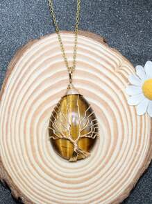 1PC Tree Of Life Crystals Necklace Pendant Water Drop Natural Stone Wire Wrap Rose Amethysts Quartz Crystal Tiger Eye Necklace Pendant