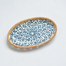 1pc Oval Appetizer Plates, Ceramic Rattan Plate Chinese Antique Style Painting Dessert Plate, Porcelain Food Serving Plate - White - View 3