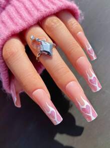 24入組閃亮粉紫色長款假指甲,有火焰、心臟、水管設計,附送1支果凍膠和1支指甲檔,歐美風格 - 彩色 - 查看 1