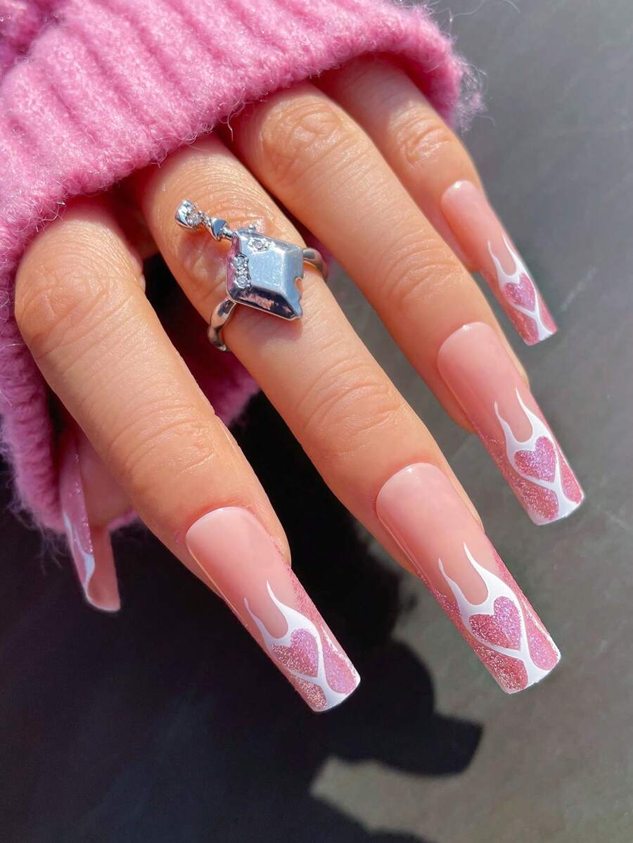 24入組閃亮粉紫色長款假指甲,有火焰、心臟、水管設計,附送1支果凍膠和1支指甲檔,歐美風格 - 彩色 - 查看 1