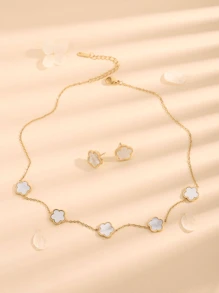Bộ trang sức 3 món bằng thép không gỉ và xà cừ trắng hình hoa 5 cánh, gồm bông tai và dây chuyền, thích hợp làm quà tặng cho bạn gái/sinh viên. - Dây chuyền + bông tai hoa 5 lá - Xem 2