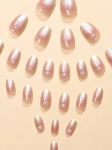 Nâng cấp ngay diện mạo của bạn với 24 chiếc bấm hình bầu dục ngắn trên móng tay, 3D Faux Pearlescent màu khỏa thân lấp lánh ngọc trai trang trí móng tay giả & 1 dũa móng tay & 1 tờ băng dán móng tay - Nhiều màu - Xem 4