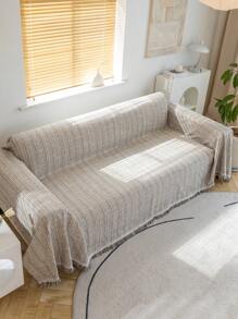 1pc Bohemian Style Tasseled Linen Soft Sofa Cover, All-In-One Minimalist Sofa Backrest Armrest Slipcover, Machine Washable For All Seasons, Home Decor For New/Old Sofa