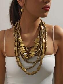 三件套串珠多层吊坠，搭配独特个性化时尚复古假日项链和耳环，适合女士