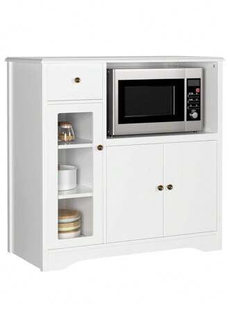 Aparador Cocina para Microondas Alacena de Cocina met 3 Estantes Puertas y Cajones Mueble de Almacenamiento para Cocina y Comedor de Madera Blanco 90 x 40 x 82 cm