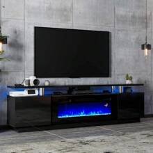 Modern Fireplace TV Stand With 36" Electric Fireplace, High Gloss Finish Media Console With Open Storage, LED Lights Entertainment Center For TVs Up To 80" - 黑色 - 查看 2