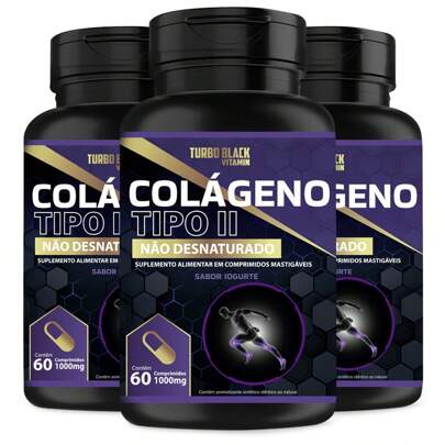 Colágeno Tipo 2 Não Desnaturado Turbo Black Vitamin 60 Comprimidos 1000mg Kit c/ 03 Unidades