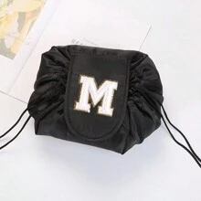 1入斜肩字母刺繡化妝收納包女用口袋折疊式化妝包便攜式旅行收納洗漱袋字母印花組織者盥洗用品情人節禮物 - 黑色 - 查看 19