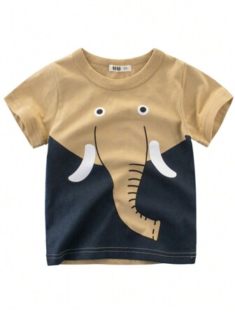 Young Boys' Summer Casual Short Sleeve T-Shirt With Animal Elephant Print And Round Neck