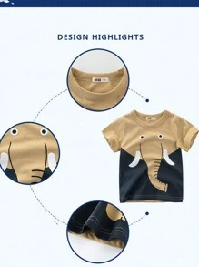 Young Boy Summer Casual Short Sleeve T-Shirt With Animal Elephant Print And Round Neck