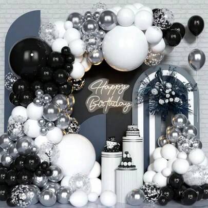 110pcs Latex Balloons In Black, Silver And White Colors, Suitable For Birthday Party Decorations, With One Roll Of Balloon Arch Strip, One Roll Of Glue Dots And One Roll Of Ribbon, Back To School Valentine Day