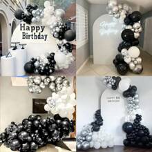 110 palloncini di lattice nei colori nero, argento e bianco, adatti per decorazioni per feste di compleanno, con un rotolo di strisce per arco di palloncini, un rotolo di adesivi per palloncini e un rotolo di nastro, per il primo giorno di scuola e la Festa di San Valentino