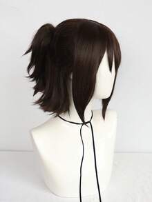 女士棕色短直鬆兔尾辮假髮,帶瀏海,12英寸短棕色夾在兔尾辮假髮,動畫瘋狂的科學家cosplay服裝假髮,適合萬聖節派對假日禮品,cos粉絲和1pc假髮帽 - 棕色 - 查看 3